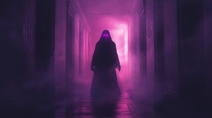 Mysterious Figure in Hallway with Glowing Red Eyes