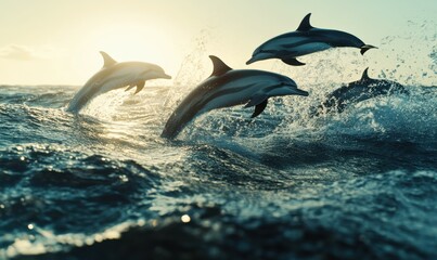 Fototapeta premium Group of dolphins leaping joyfully in crystal-clear ocean water, sunlit waves and dynamic motion creating energy and grace,