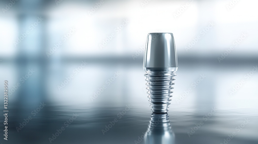 Poster floating titanium dental implant showcases modern technology and precision in a sleek metallic envir