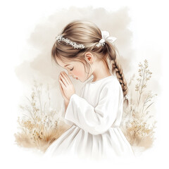 Young Girl Praying at First Holy Communion Watercolor Portrait Isolated on White Background