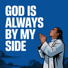 An image of a man who turns to God and thanks him.  Cartoon style. The illustration contains the inscription 