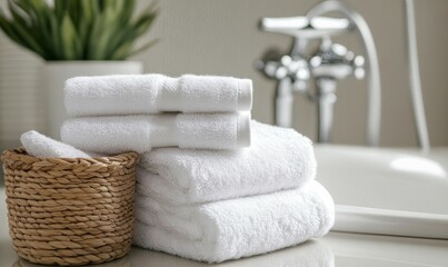 Soft white towels neatly arranged in a woven basket beside a luxurious bathtub