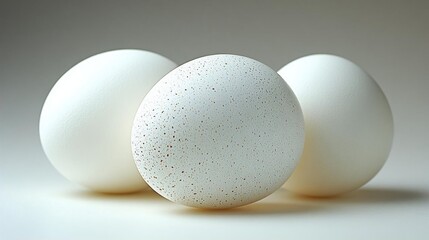Three pristine white eggs with speckled surfaces arranged artistically on a smooth background