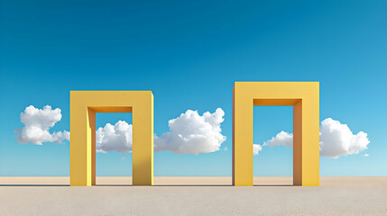 Two Bright Yellow Rectangular Doorways Stand On A Barren Desert Landscape Under A Vivid Blue Sky With Fluffy White Clouds