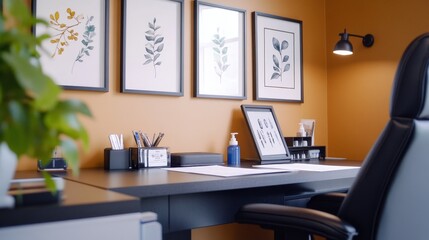Modern home office setup featuring a sleek desk, decorative plant, and framed botanical art