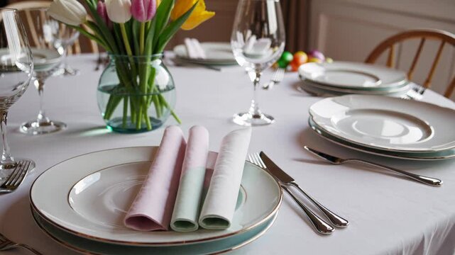 Pastel easter eggs nestled inside ceramic bowl, surrounded by fresh tulips, highlighting springtime celebration and home decor elegance