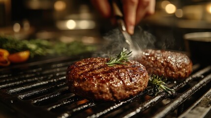 Close-up of sizzling beef burgers grilling on a hot grate.
