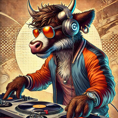 Furry Anthropomorphic Cow DJ in Vintage Comic Book Style
