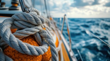 Obraz premium Close-up of nautical rope on sailboat at sea.