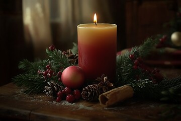 A lit candle with seasonal decorations on a wooden table