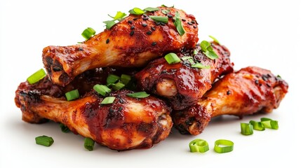 Tantalizing Chicken Drumsticks: A close-up shot of a pile of succulent, golden-brown chicken drumsticks, expertly seasoned and garnished with fresh, vibrant green herbs.