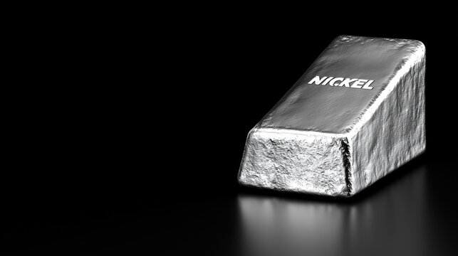 Shiny metal bar with engraved word "Nickel " isolated on black background for industrial design and metal production concepts