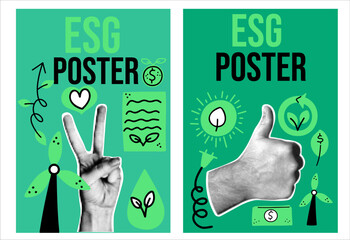ESG conceptual posters collage with hands and eco-friendly doodle elements.