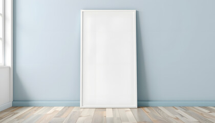 Vertical blank art canvas frame mockup for arts painting and photo presentation mockup. Laid on the floor, pop art. White tone