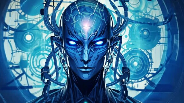 Dunkelblauer Cyborg mit leuchtenden Augen