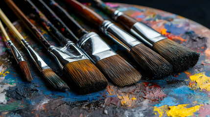 Fototapeta premium Close Up of Well Used Paintbrushes on a Colorful Palette With Various Colors and Textures Ideal for Artistic Endeavors