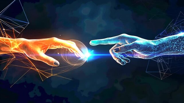 Digitale H&auml;nde ber&uuml;hren sich in leuchtendem Cyberspace