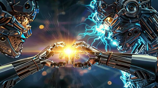 Zwei Cyborgs schlagen energetisch die H&auml;nde zusammen