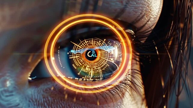 Nahaufnahme eines kybernetischen Auges mit holographischen Elementen