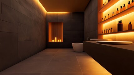 Modern bathroom interior showcasing elegant design with ambient lighting and candles