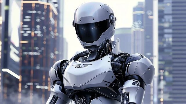 Wei&szlig;er Roboter mit futuristischen Wolkenkratzern