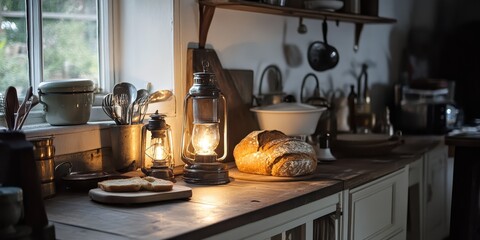 A warmly lit rustic kitchen interior with bread and lanterns