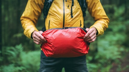 Man holding red waterproof bag in forest.