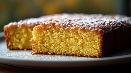 Sliced, powdered cake on plate; soft lighting