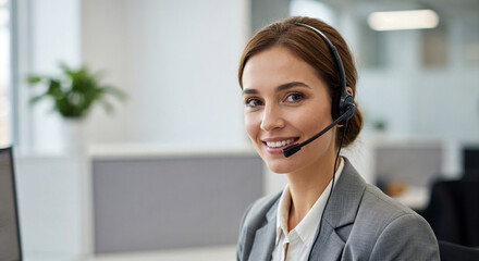 Une représentante du service clientèle française souriante portant un casque dans un bureau de centre d'appels.