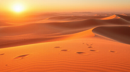 Stunning desert sunset with golden dunes. AI image
