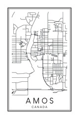 Hand drawn printable downtown road map poster of the Canadian city of AMOS on solid white background with city name