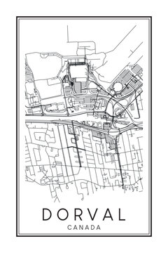 Hand drawn printable downtown road map poster of the Canadian city of DORVAL on solid white background with city name