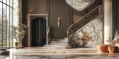 Obraz premium Grand luxurious foyer features a marble staircase and chandelier