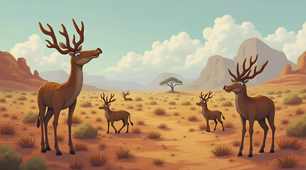 Vibrant Cartoon Deer Herd in Desert Mountain Scene