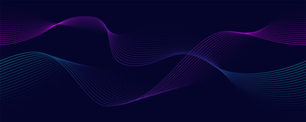 Flowing purple blue dot particle wave pattern. Gradient halftone curve shapes isolated on dark background. Abstract glowing technology concept. Futuristic, science, music, modern. Shiny lines moving.