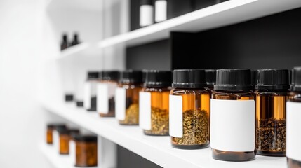 Fototapeta premium Display of various glass containers filled with herbs on a minimalist shelf in a modern setting