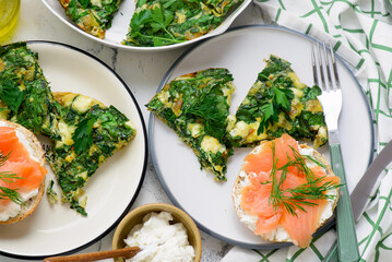 Spinach Frittata with Feta in a Skillet for Breakfast.top veiw