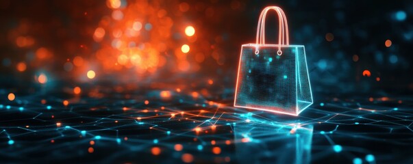 A glowing shopping bag icon levitates over a digital network, symbolizing the rise of online shopping and e-commerce.