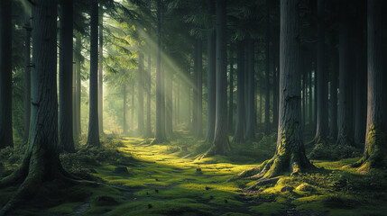 Obraz premium Sunlight filtering through dense coniferous forest, illuminating a moss-covered forest floor. Peaceful nature scene perfect for eco visuals, relaxation themes, backgrounds or environmental concepts.