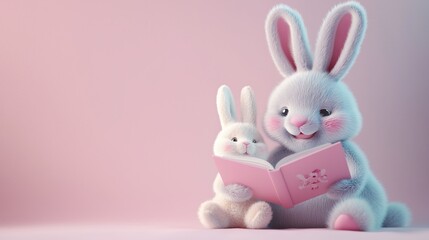 Obraz premium A joyful, fluffy cartoon Easter bunny reading a pink book to a smaller bunny, set against a soft pastel background.