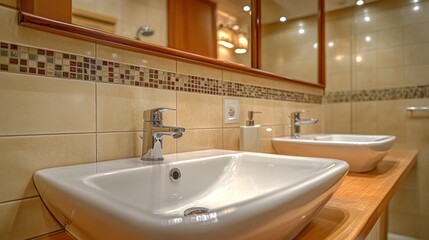 Modern double bathroom sinks with mosaic tile.