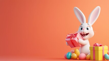 Obraz premium Cheerful cartoon white Easter bunny joyfully holding a gift surrounded by colorful eggs.
