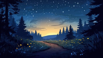 Fototapeta premium Forest path at twilight with starry sky.