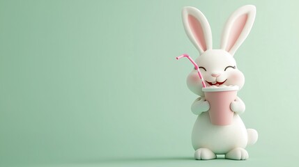 Obraz premium A cheerful cartoon Easter bunny enjoying a milkshake on a pastel green background.