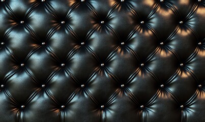 Luxurious tufted black leather texture with intricate highlights illuminated by ambient light emphasizing its rich and elegant design