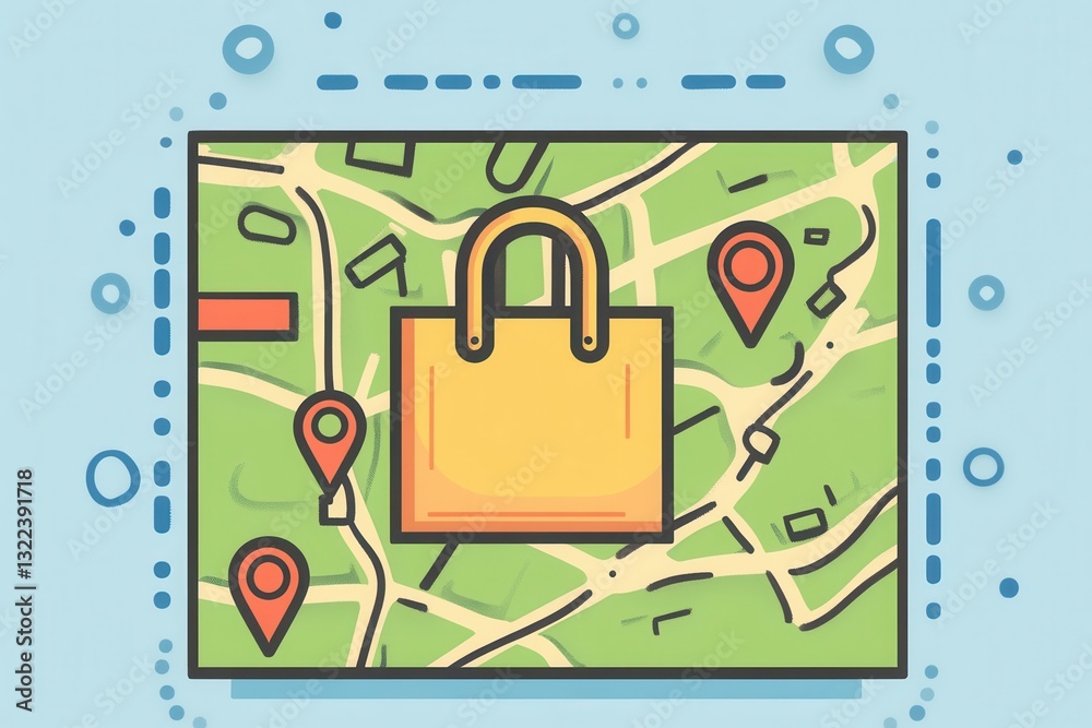Leinwandbilder illustration showing a delivery route map featuring a grocery bag icon and location pins for efficie