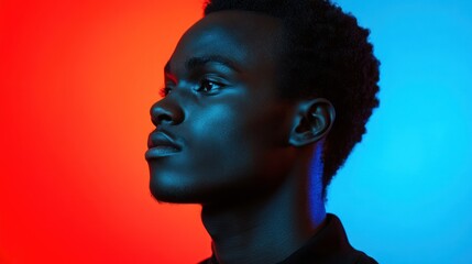 Pensive young Black man in profile, red and blue lighting.