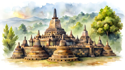 Watercolor illustration of Borobudur temple with lush green trees and mountains in the background