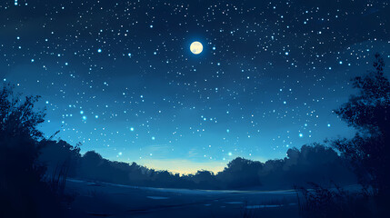 Fototapeta premium A serene night sky with glittering stars and a subtle full moon , twinkling stars, full moon, starry, night sky, constellations. Glittering Sky. Illustration