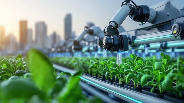 Automated agriculture technology revolutionizing urban farming cityscape digital imagery modern environment aerial view innovation